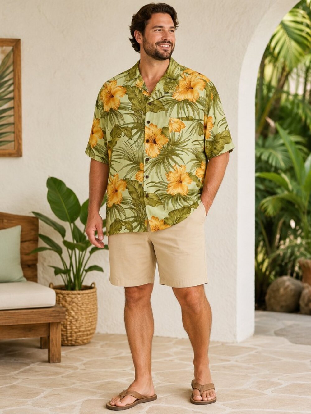 Bermuda Bay 100% Silk Hawaiian Camp Shirt XXL Green Tropical Hibiscus Aloha